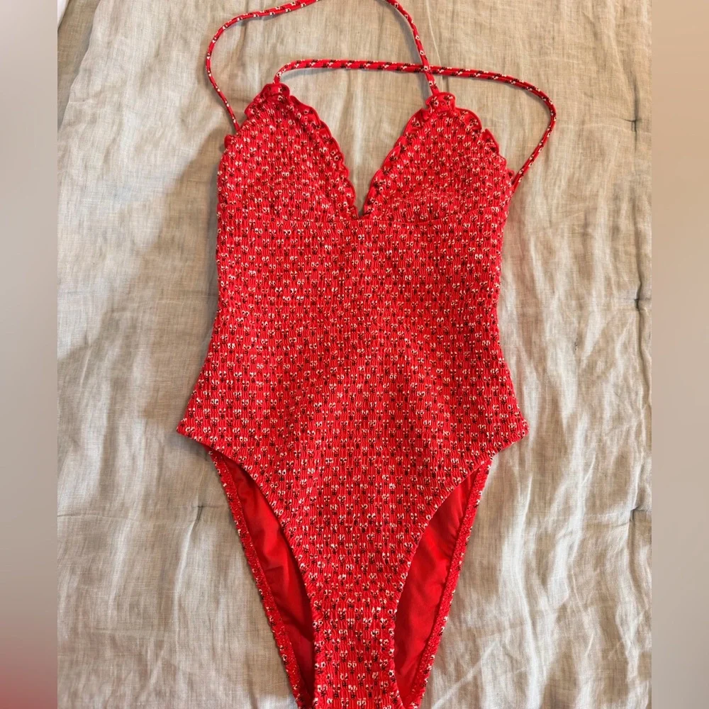 J. Crew Bright Red Textured V-Neck One-Piece Swimsuit